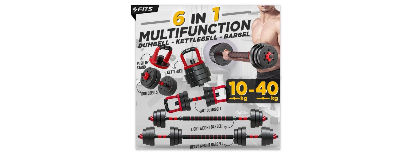 FITS 6 in 1 Adjustable 10 kg Dumbbell Barbell Set
