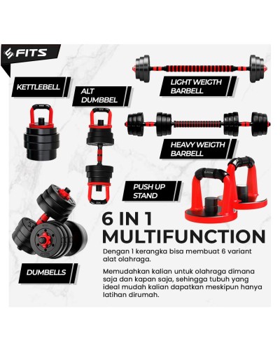 FITS 6 in 1 Adjustable 10 kg Dumbbell Barbell Set