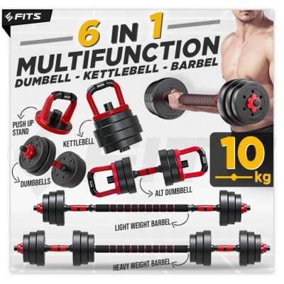 FITS 6 in 1 Adjustable 10 kg Dumbbell Barbell Set