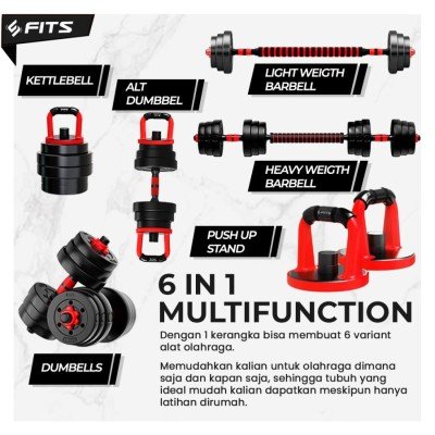 FITS 6 in 1 Adjustable 40 kg Dumbbell Barbell Set